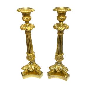 Pair Of Gilt Bronze Candlesticks With Original Gilding, Restoration Period