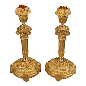 Pair Of Louis XVI Candlesticks In Gilt Bronze, Height: 21cm