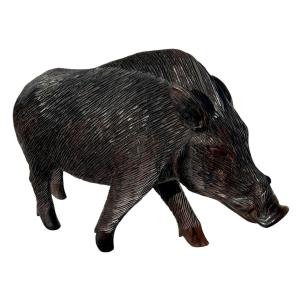 Large Ebony Wild Boar - Wooden Animal Sculpture - Hunting