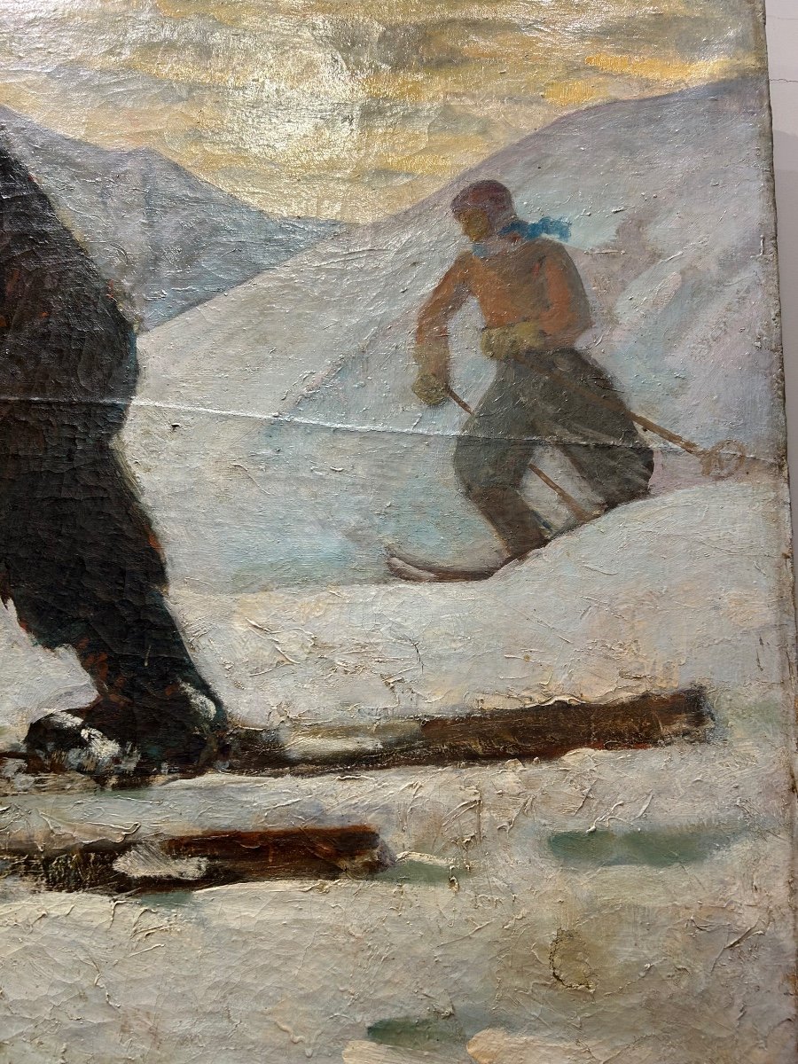 Huile Sur Toile 1935/40 Représentant Des montagnes enneigées avec skieurs Peintre Italien  Pisi Paride Tableau signé -photo-3