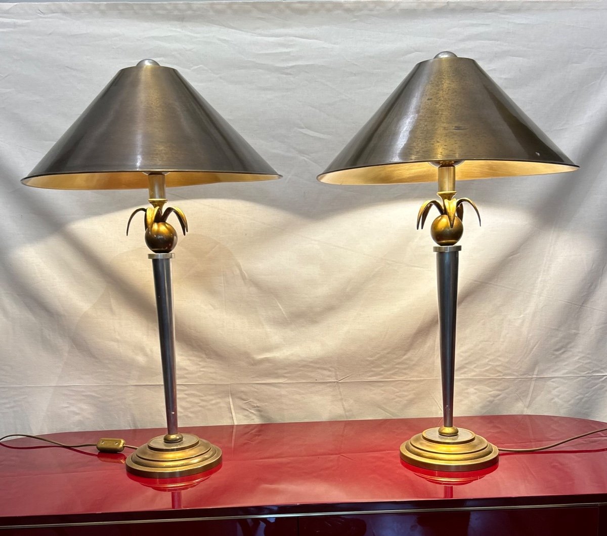 Pair Of Lamps Decorated With Pineapples In Steel And Varnished Brass Metal Lampshades 1970s/80s