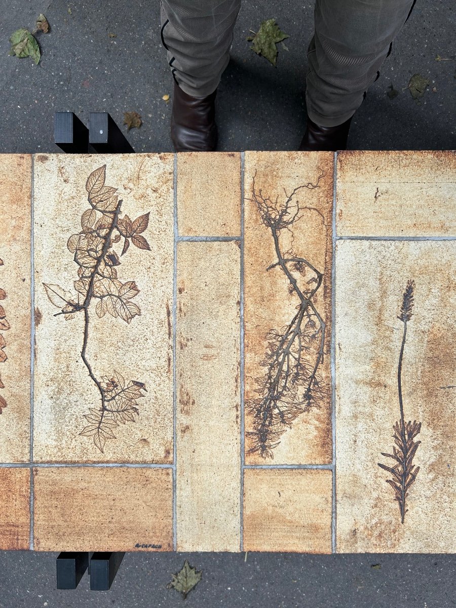 Roger Capron Coffee Table. Vallauris. Ceramic Tile Decorated With Foliage. 60s-photo-3