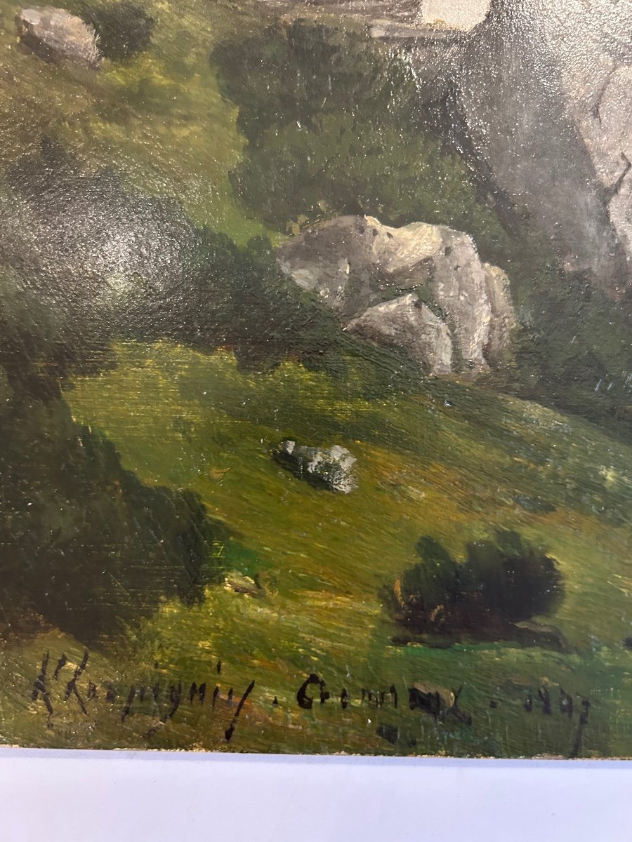 Paysage signé et daté 1847 d’ Henri Joseph Harpignies « rocher à Crémieu » Huile -photo-2