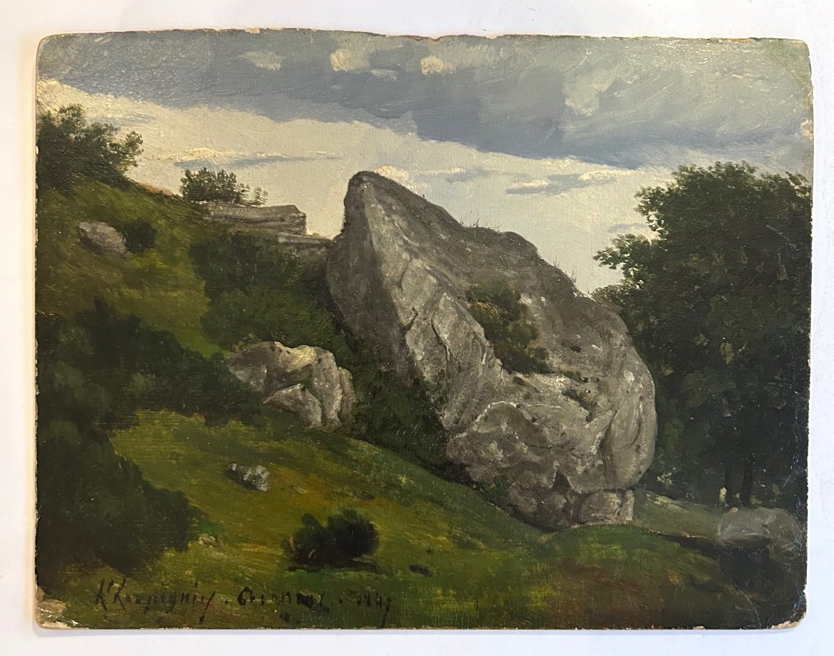 Paysage signé et daté 1847 d’ Henri Joseph Harpignies « rocher à Crémieu » Huile 