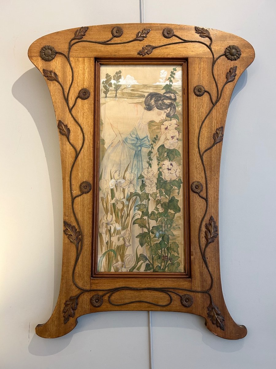 Watercolor “allegory Of Spring” In A Wooden Art Nouveau Frame 