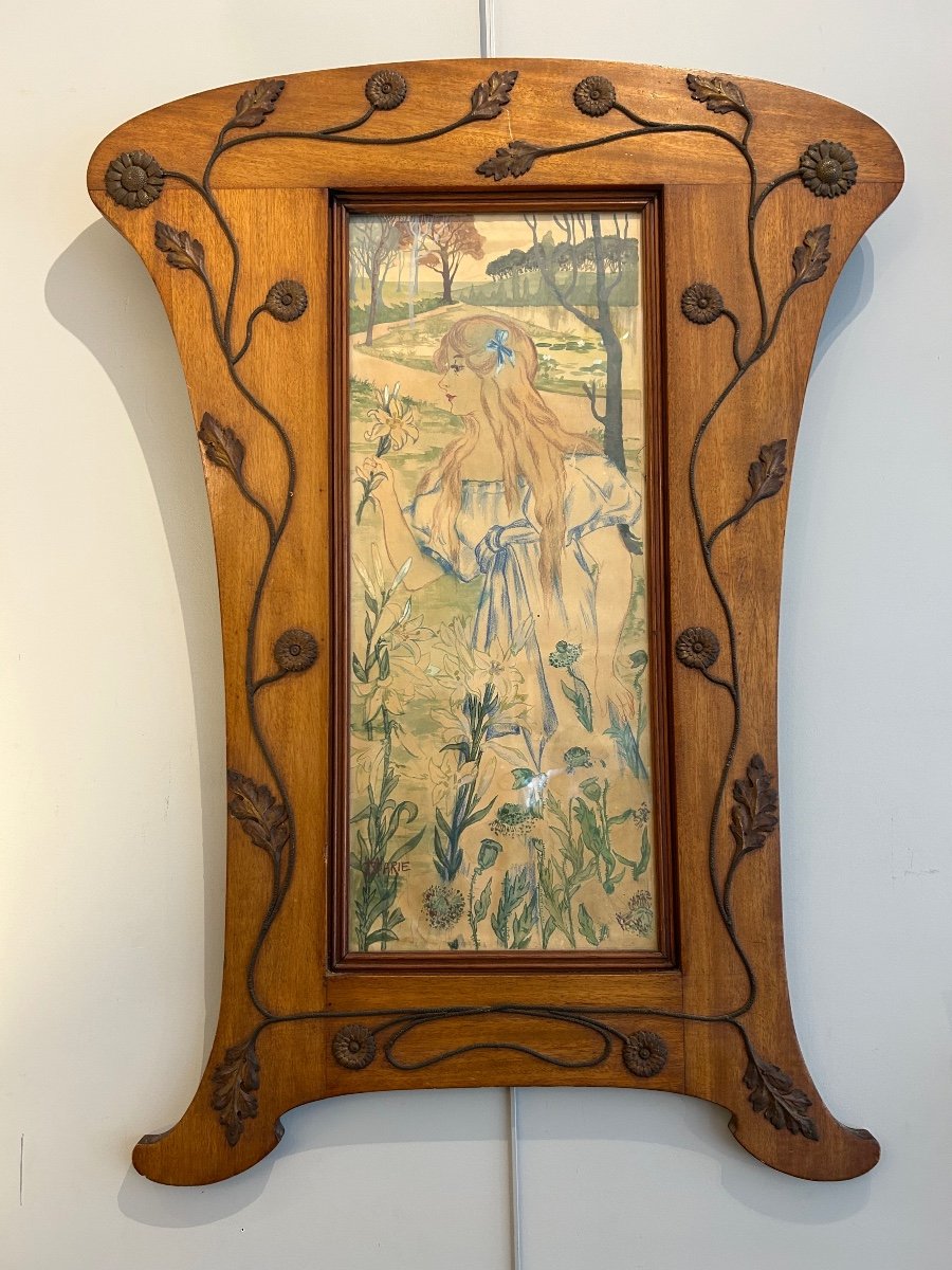 Aquarelle « allégorie Du Printemps  » Dans Un Cadre Art Nouveau En Bois Et Laiton 