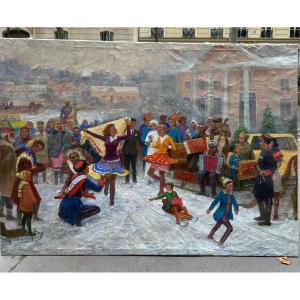 Grande Huile Sur Toile 1940/50 Fête folklorique russe en hiver Danse enfants et musiciens 