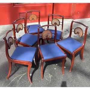  6 English Chairs In Solid Mahogany. Fan-shaped Openwork Backrest  England 20ème 