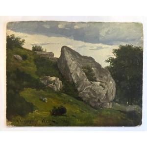 Landscape Signed And Dated 1847 By Henri Joseph Harpignies, “rock At Fontainebleau” Oil 