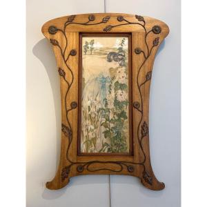 Watercolor “allegory Of Spring” In A Wooden Art Nouveau Frame 