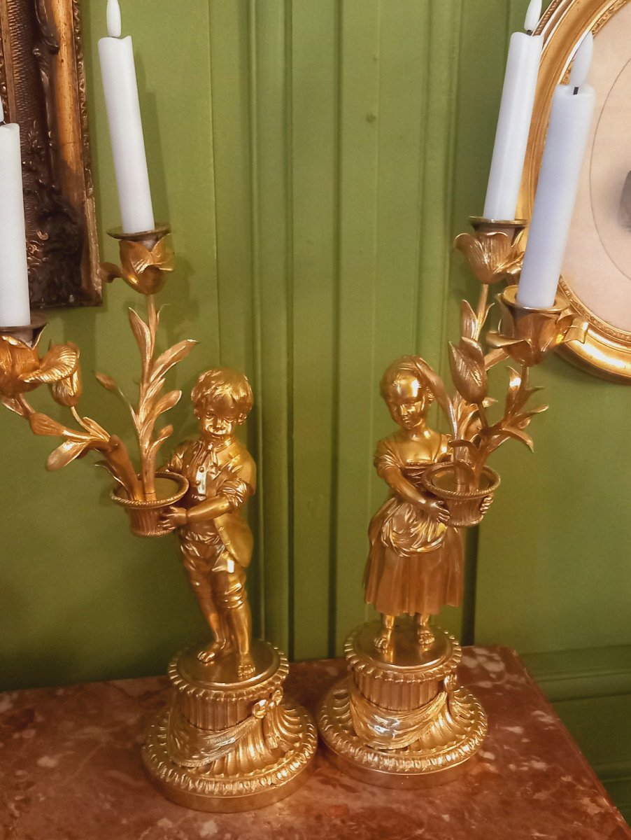 Proantic: Pair Of Gilt Bronze Candlesticks - Allegory Of The Garden