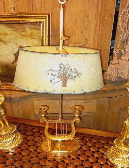 Lyre Bouillotte Lamp In Gilt Bronze With Painted Sheet Metal Shade - 19th Century-photo-2