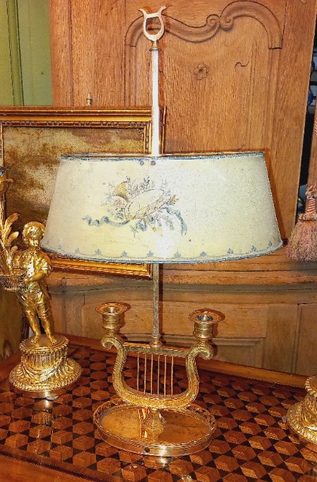 Lampe Bouillotte à la Lyre en Bronze Doré avec Abat-jour en Tôle peinte - XIXème
