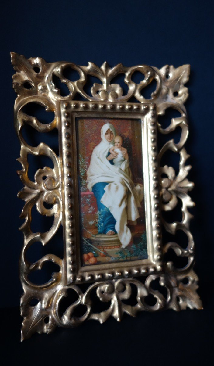 Représentation De La Vierge à l'Enfant Et Son Cadre En Bois Doré, Florence Fin XIXe