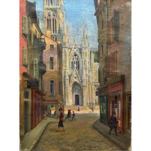 Rue Animée , huile sur toile signée en bas à droite