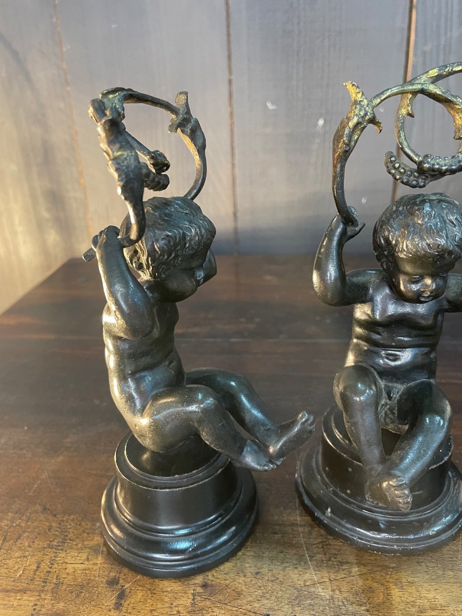 Pair Of Bronze Candlesticks With Putti Decor -photo-2