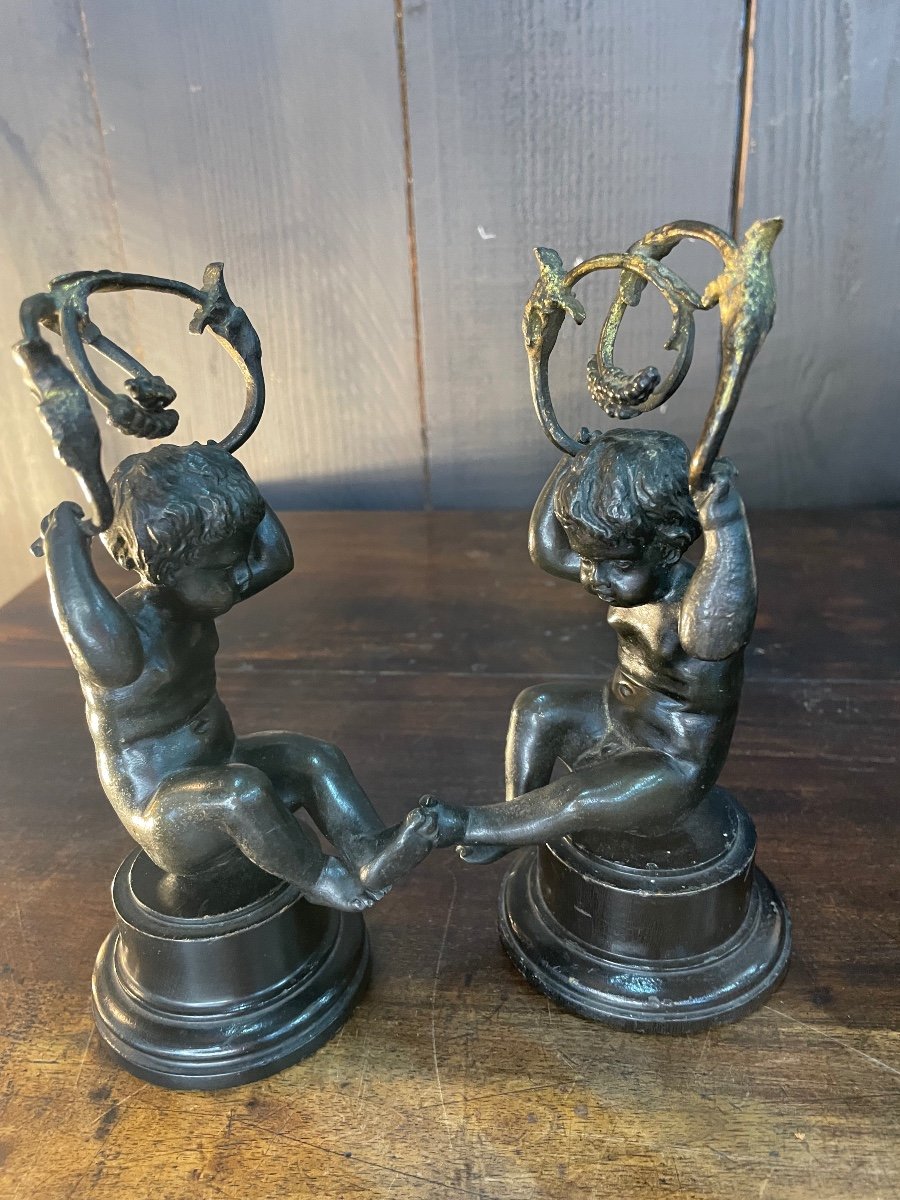 Pair Of Bronze Candlesticks With Putti Decor -photo-4