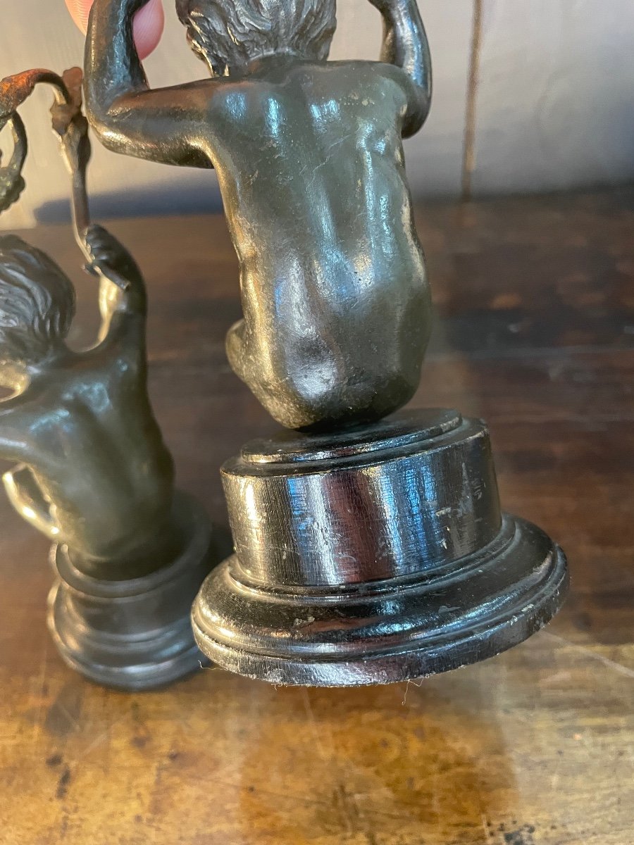 Pair Of Bronze Candlesticks With Putti Decor -photo-4