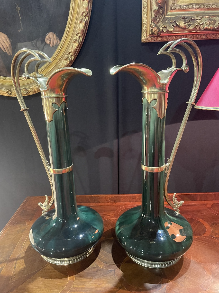 Pair Of Hasselt Majolica Ewers With Gilt Bronze Mounting 