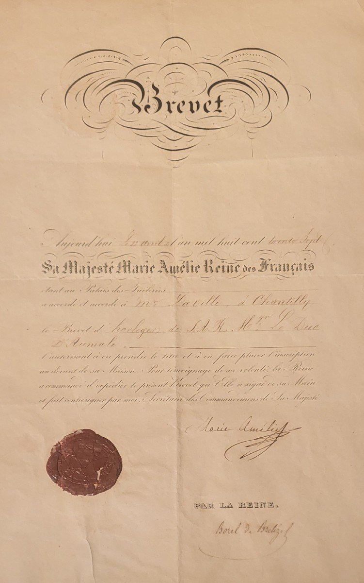 Brevet d'Horlogerie Laville à Chantilly Daté 1837