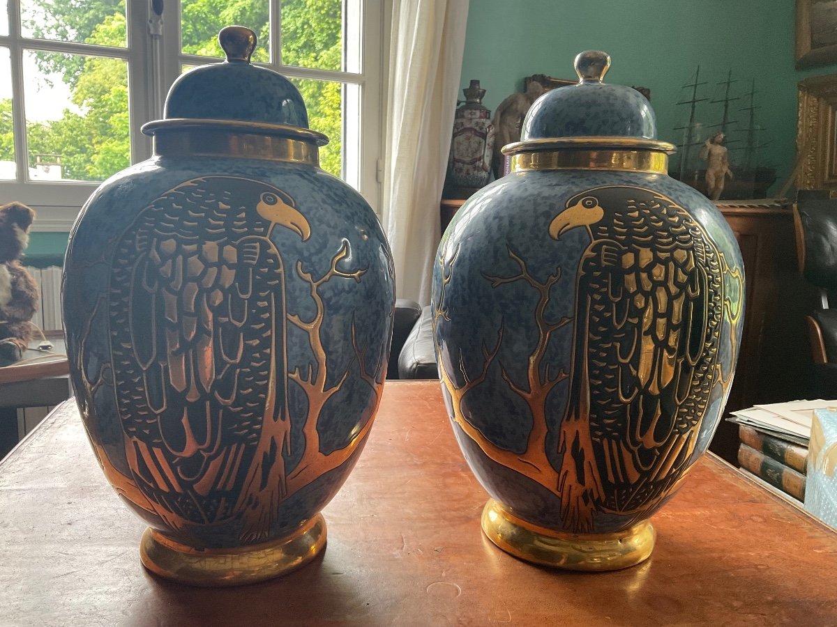 Rare Eagle Potiche Pair Of Montieres Vases-photo-2