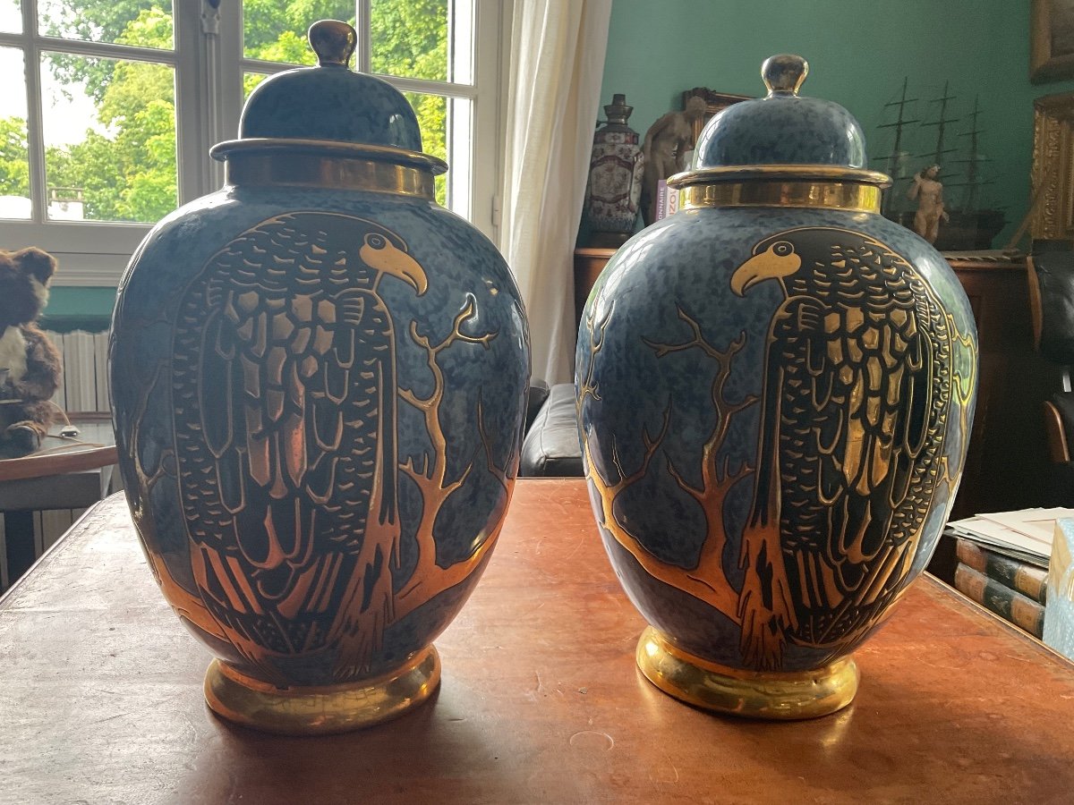 Rare Eagle Potiche Pair Of Montieres Vases-photo-3