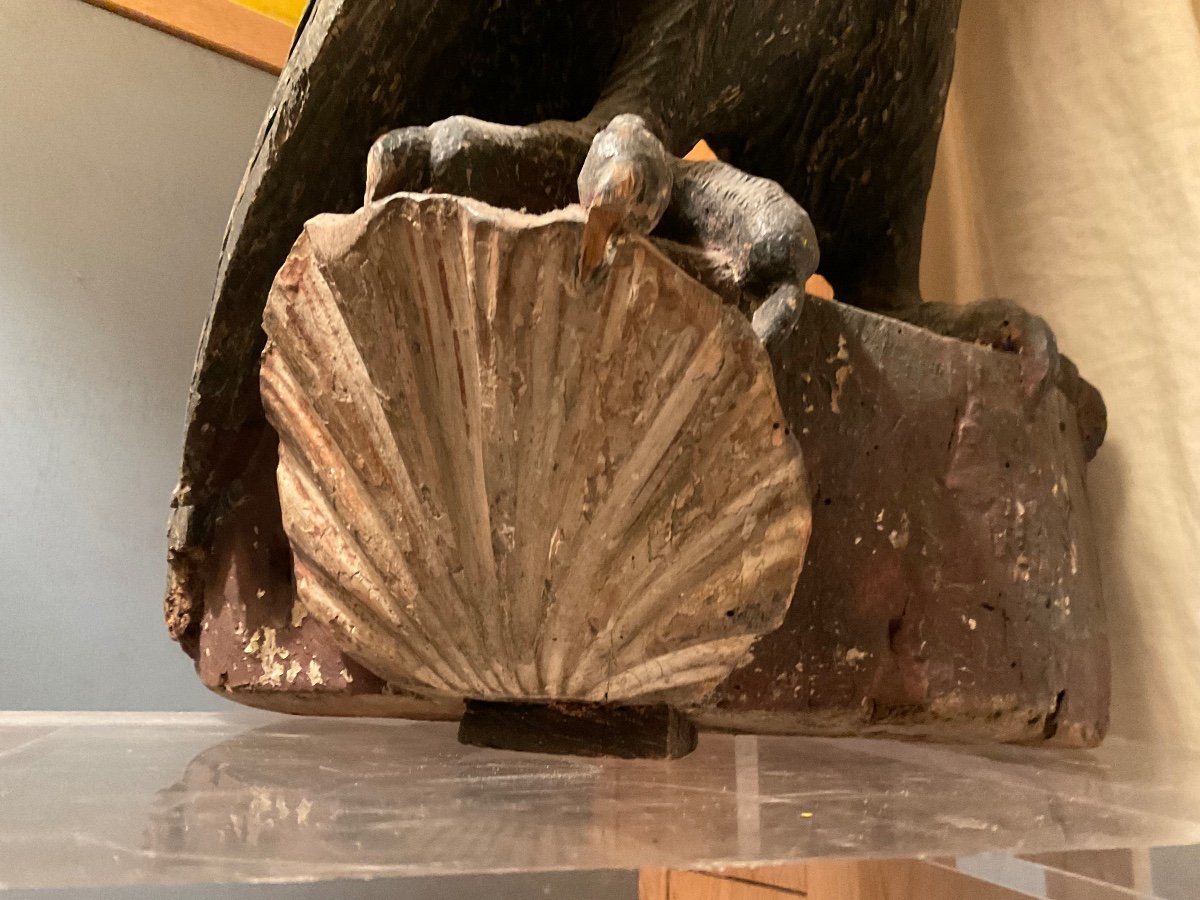 Large Wooden Eagle With Scallop Shell At The Base, 18th Century-photo-4