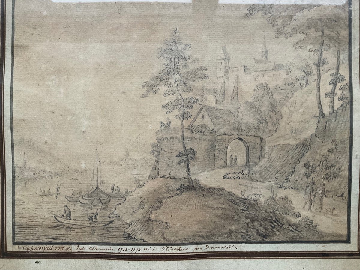 18th Century German Drawing Of A Fortified Town On The Waterfront-photo-2