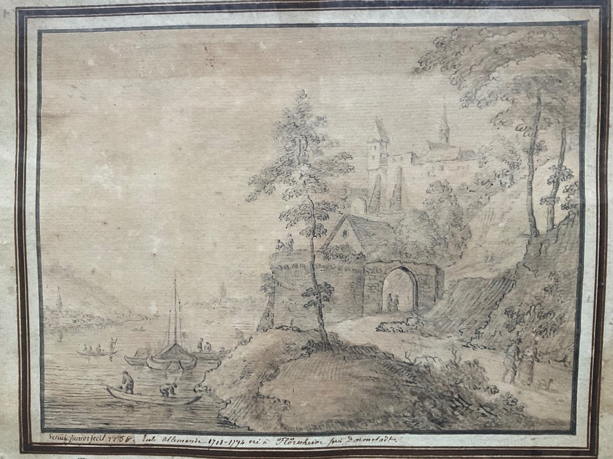 18th Century German Drawing Of A Fortified Town On The Waterfront-photo-3