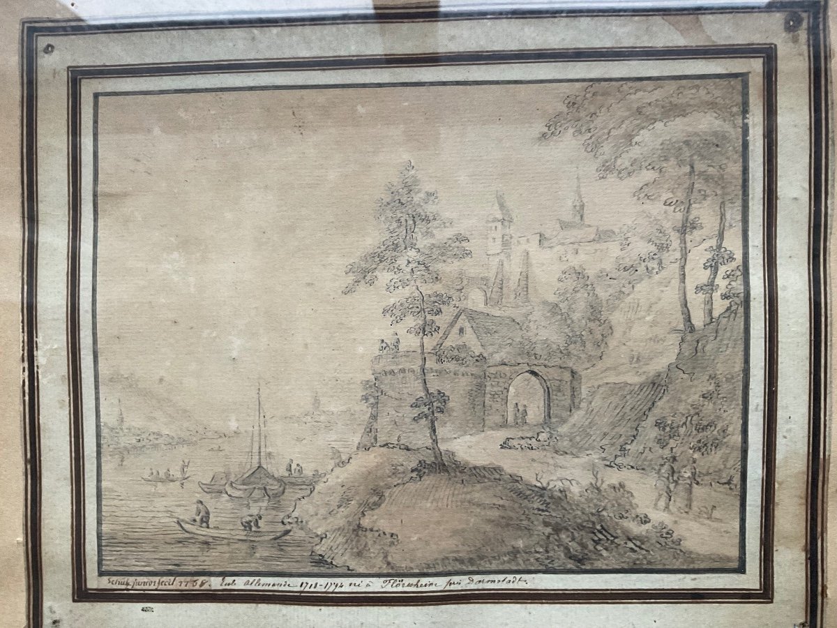 18th Century German Drawing Of A Fortified Town On The Waterfront-photo-1