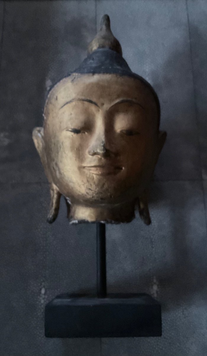 Buddha Head In Lacquered Stone Burma 19th Century-photo-2