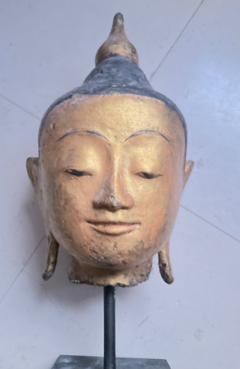 Buddha Head In Lacquered Stone Burma 19th Century-photo-3