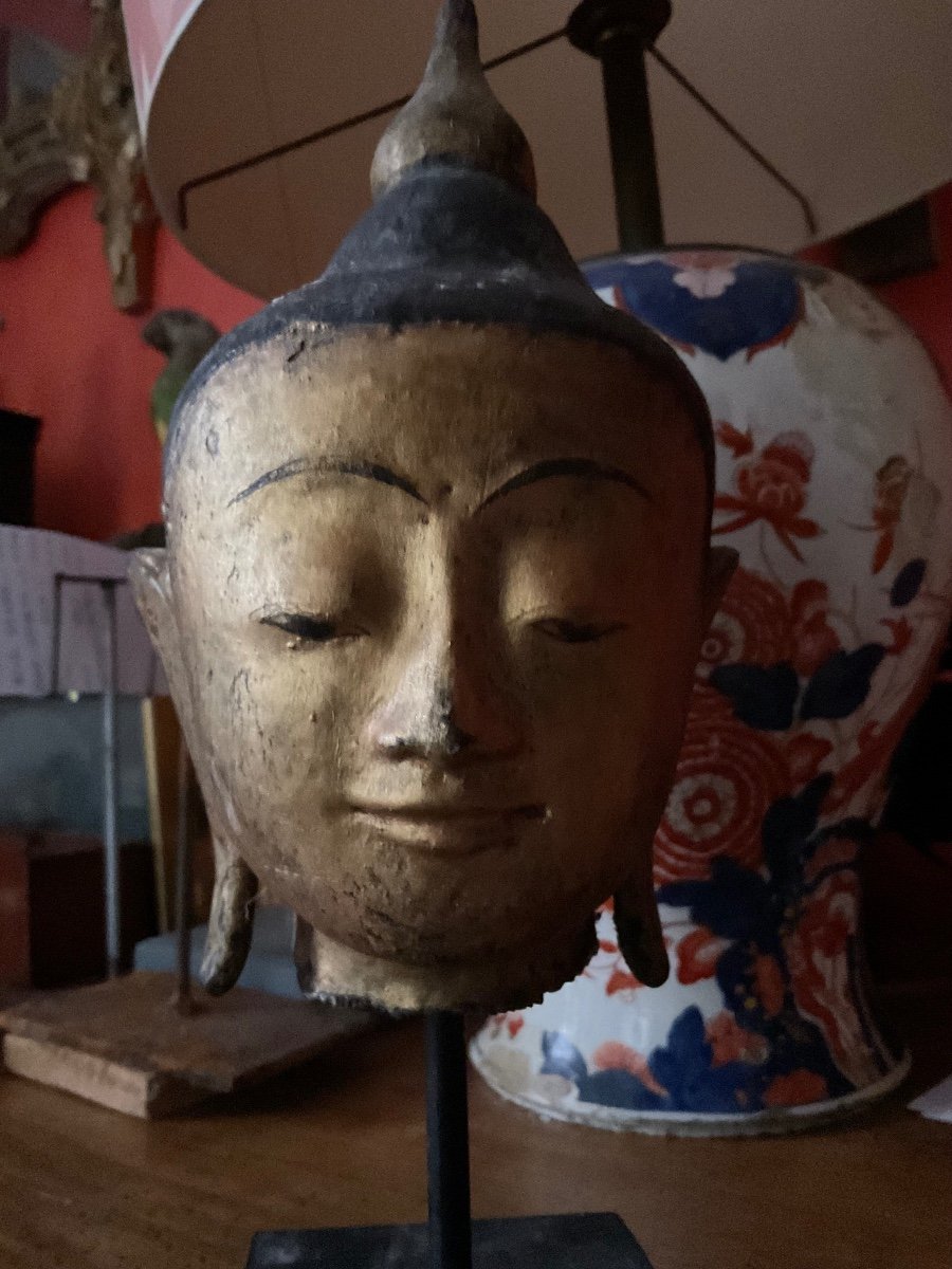 Buddha Head In Lacquered Stone Burma 19th Century-photo-4