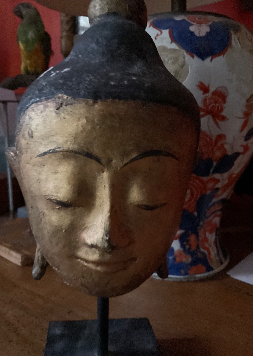 Buddha Head In Lacquered Stone Burma 19th Century-photo-1