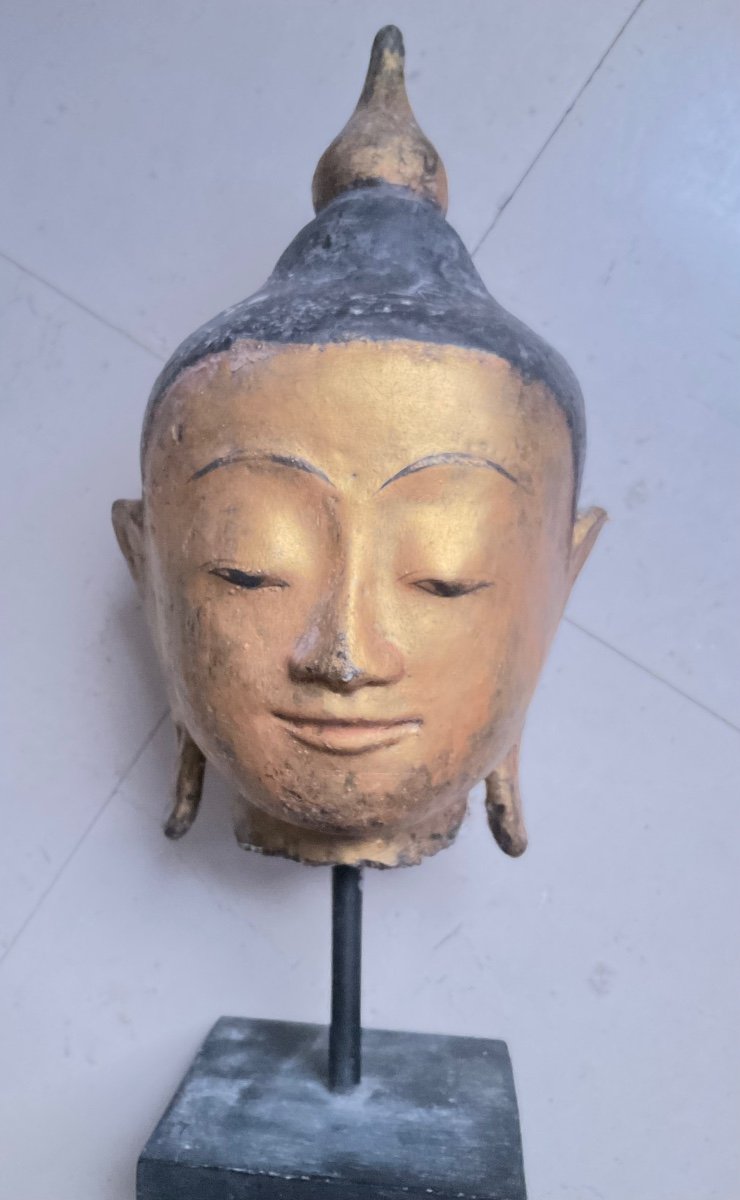 Buddha Head In Lacquered Stone Burma 19th Century-photo-2