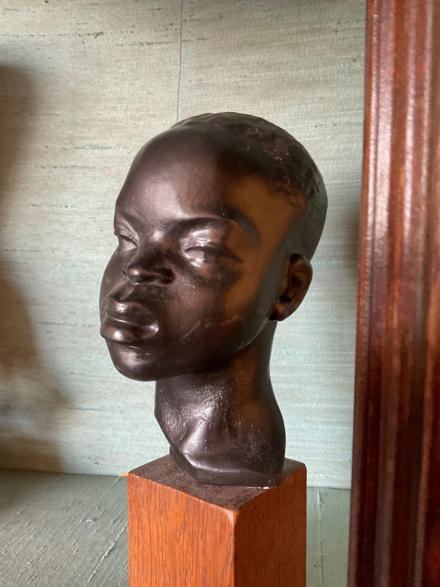 African Head On Oak Base 1930-photo-3