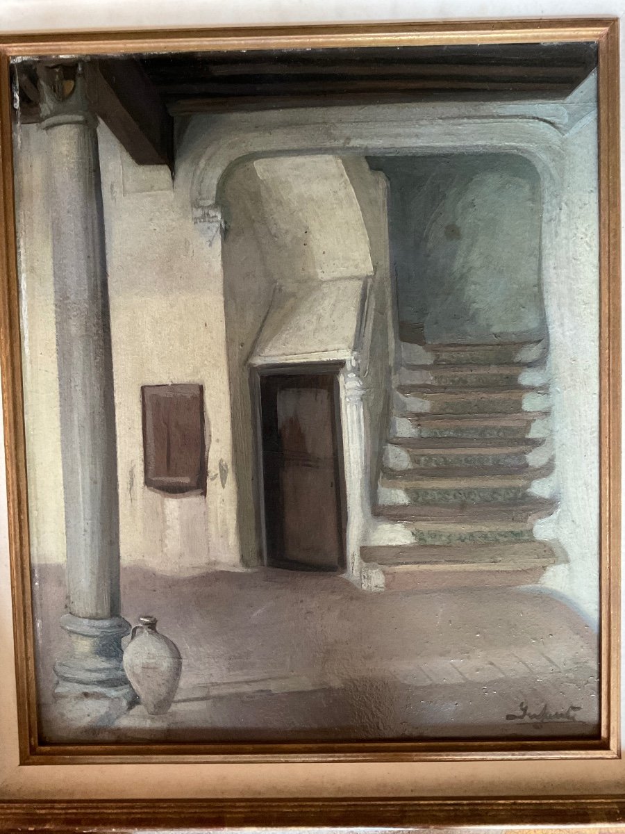 Oil On Isorel Interior Of Entrance In Toledo-photo-3