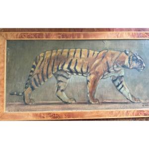 Tigre Marchant Huile Sur Panneau De Graves