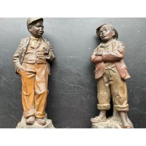 Pair Of Black American Terracotta Subjects Boat Launch 1900