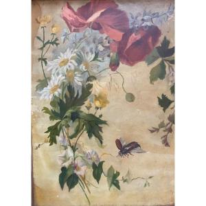 Fleurs Et Insecte Huile Sur Carton 