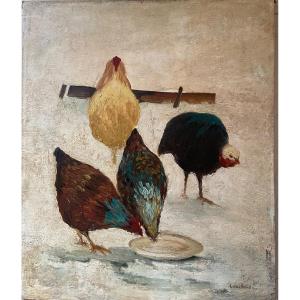 Poules Huile Sur Toile 