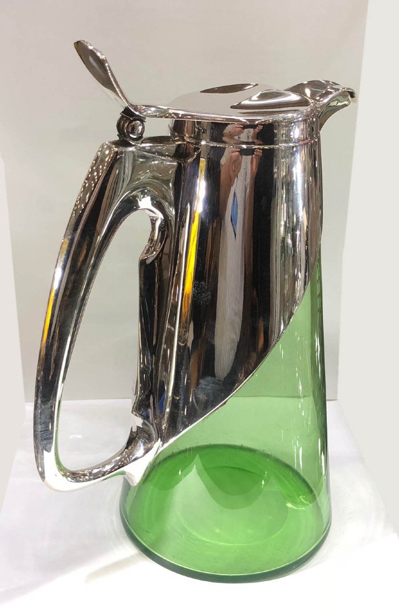 Design Archibald Knox Art Nouveau Glass Carafe With Silver Mount-photo-2