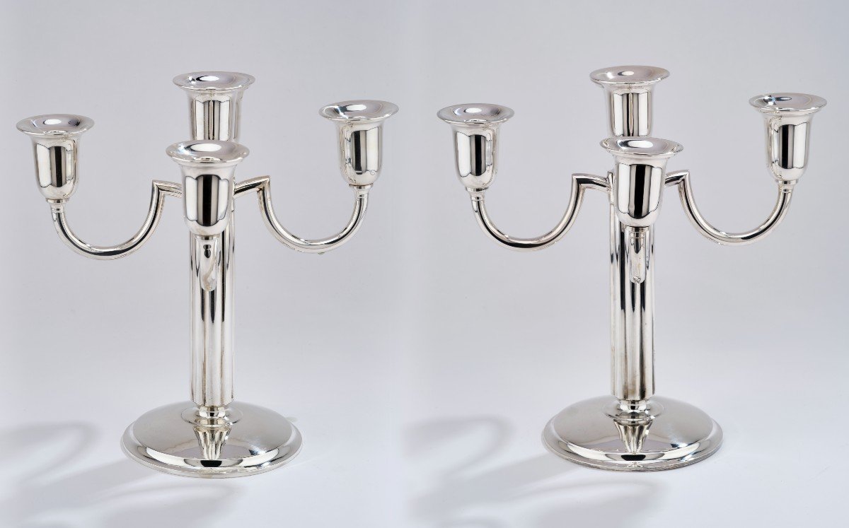 Pair Of Five-flame Table Candlesticks (girandoles) In Sterling Silver-photo-2