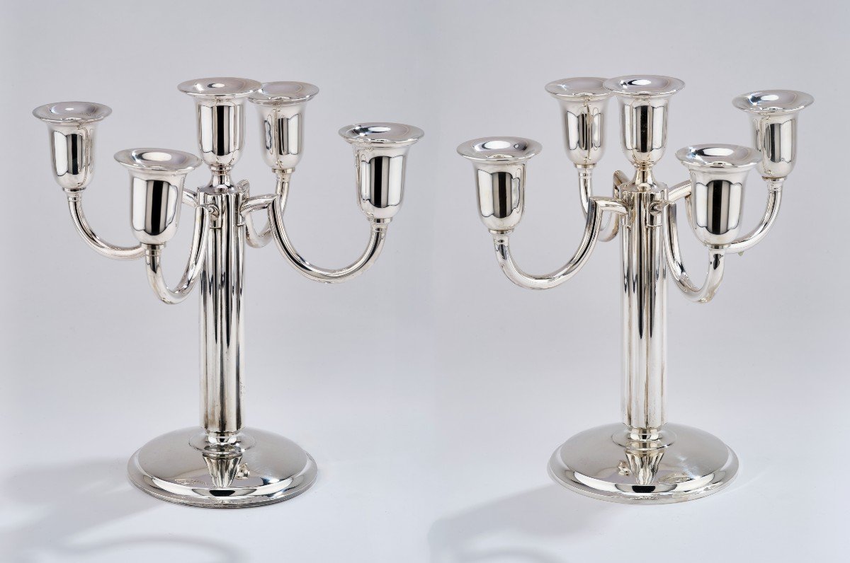 Pair Of Five-flame Table Candlesticks (girandoles) In Sterling Silver-photo-3