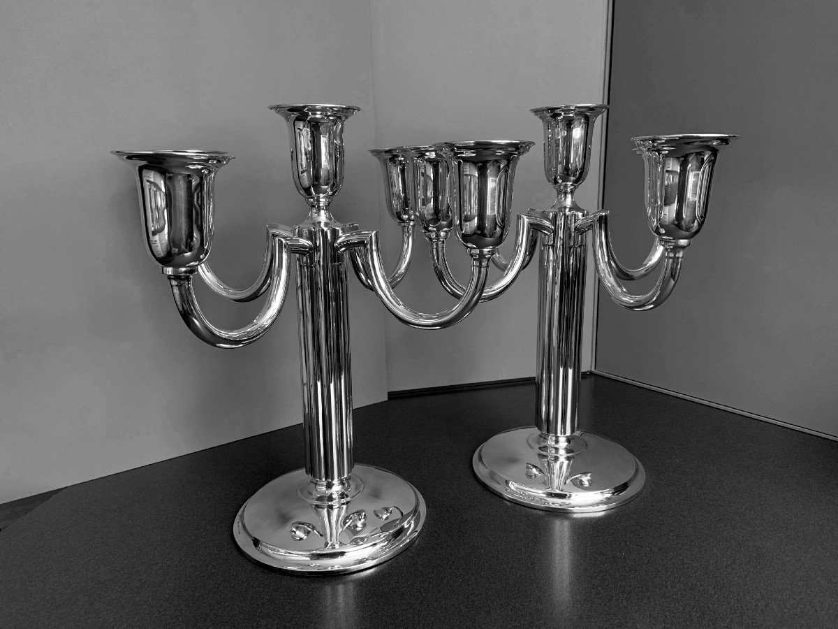 Pair Of Five-flame Table Candlesticks (girandoles) In Sterling Silver-photo-5