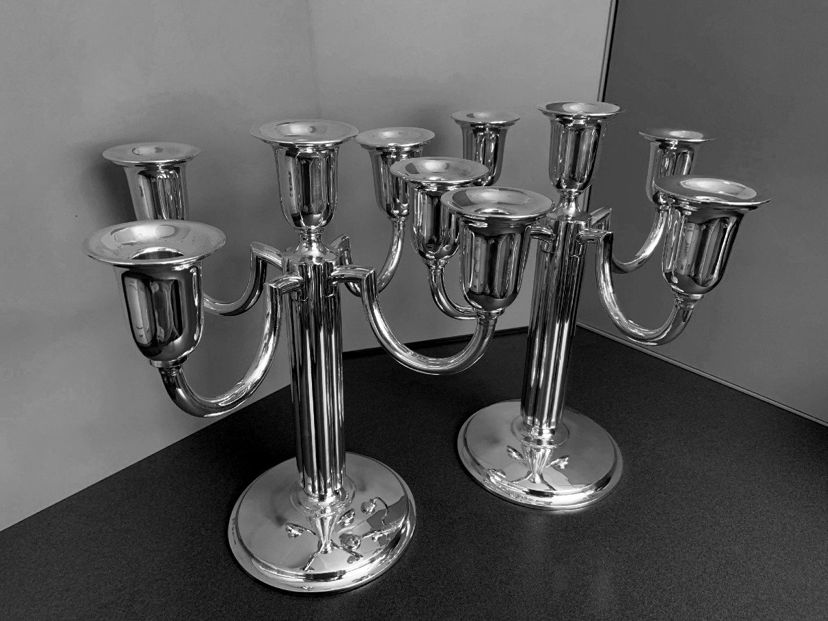 Pair Of Five-flame Table Candlesticks (girandoles) In Sterling Silver-photo-6