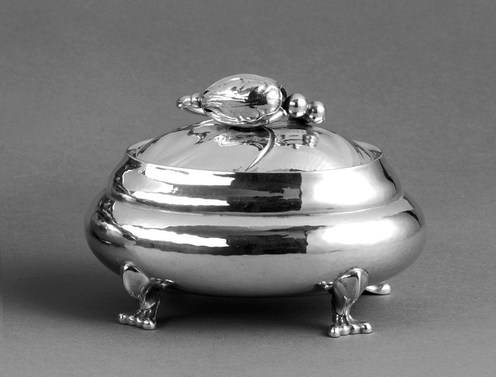 Art Nouveau Georg Jensen 925 Silver Oval Sugar Box #2, Blossom, 1933-44