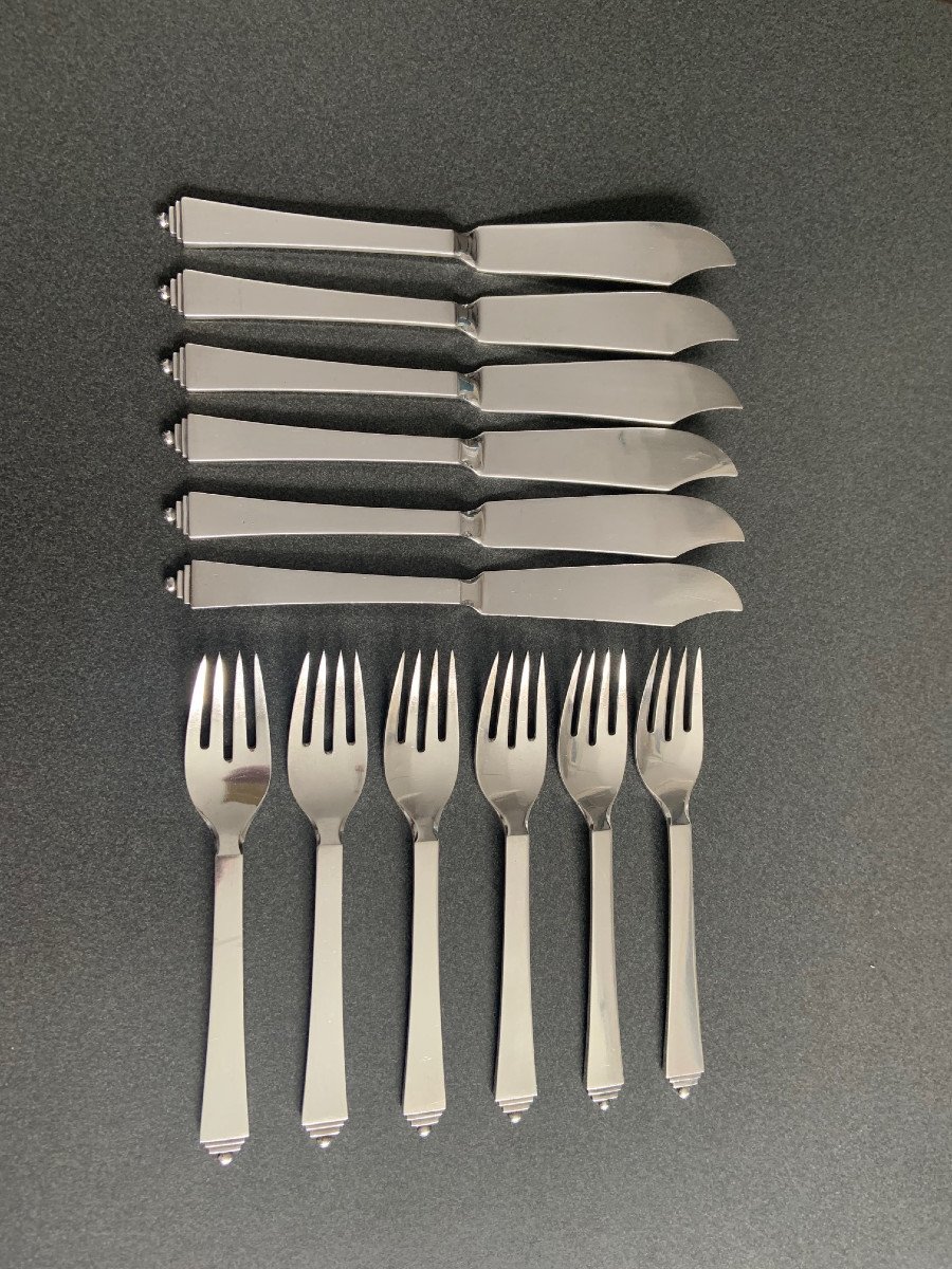 Pre-war Georg Jensen Sterling Silver Fish Cutlery For 6 Pyramid Collection, Execution 1932-33-photo-3