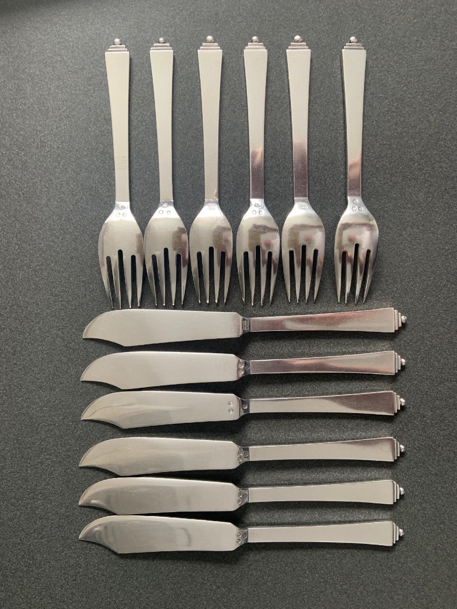 Pre-war Georg Jensen Sterling Silver Fish Cutlery For 6 Pyramid Collection, Execution 1932-33-photo-4