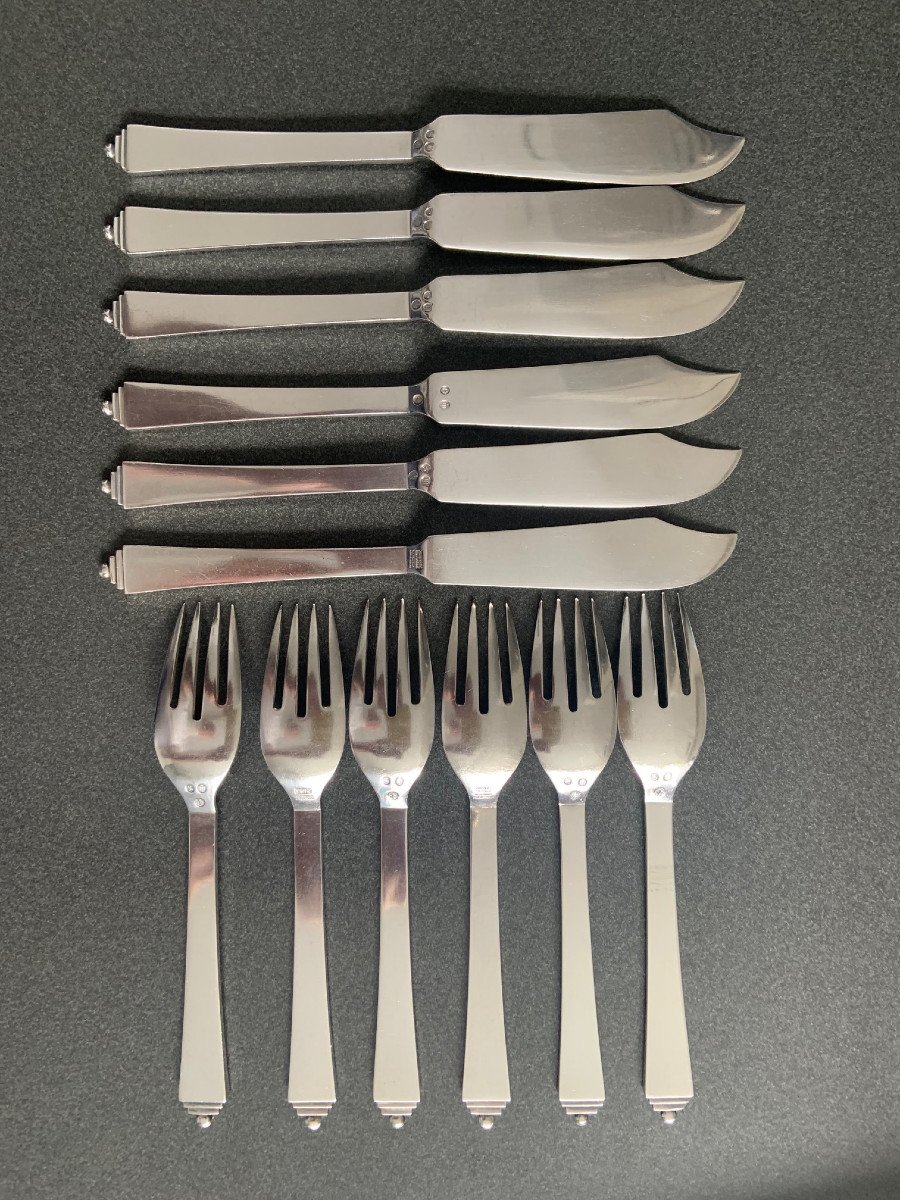 Pre-war Rare Georg Jensen 6 Sterling Silver Fish Forks, Pyramid Collection, Copenhagen 1932-33-photo-1